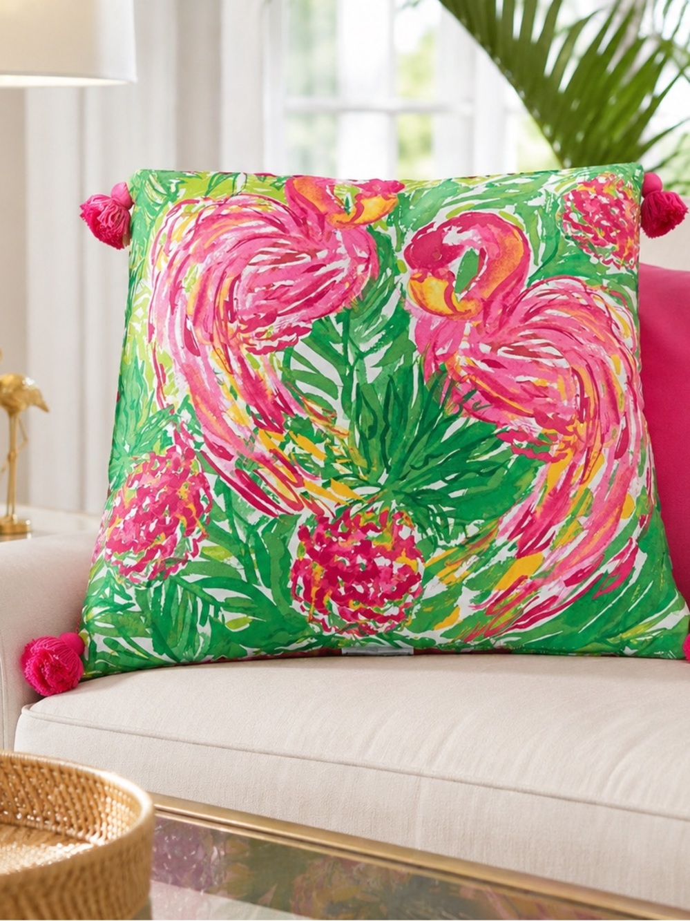 Lilly Pulitzer Flamingo Tassel Throw Pillow 24x24 Tropical Pink Green Decor - Picture 2 of 11